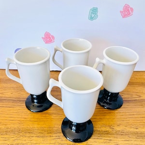 4 Hall Black and White Irish Coffee Mugs, Hall 1273 Pedestal Mugs, White & Black Hall Pottery Mugs, Hall HLL42 Irish Coffee Footed Mugs