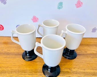 4 Hall Black and White Irish Coffee Mugs, Hall 1273 Pedestal Mugs, White & Black Hall Pottery Mugs, Hall HLL42 Irish Coffee Footed Mugs