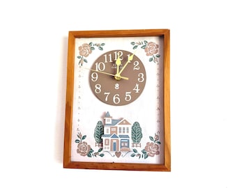 Elgin "Victorian Lace" Wall Clock, Battery Operated Wooden Clock With Roses & 3D/Relief House