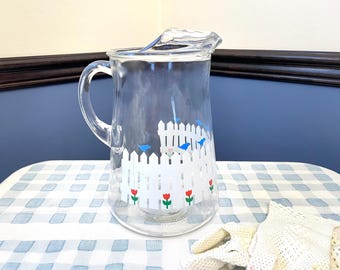 Glass Pitcher: Blue Birds and Red Tulips (64oz Cottage Kitchen)
