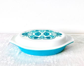 Pyrex Horizon Blue Apollo 11 Promotional Casserole, Pyrex Horizon Blue Divided Baking Dish,  Pyrex Horizon Blue Duet 963, Space Age Pyrex