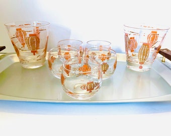 5 Mid Century Modern Chinese Lantern Roly Poly and 2 Double Old Fashioned Glasses, Chinese Lantern Cocktail Glasses, MCM Cocktail Glasses