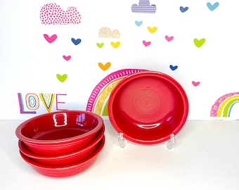4 Homer Laughlin Scarlet Fiesta Soup Bowls, Bright Red Fiesta Rimmed Soup Bowls, Homer Laughlin Fiesta Scarlet Coupe Soup Bowls