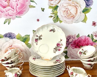 16 Pieces Royal Sealy Moss Rose, Royal Sealy Moss Rose Luncheon Set, Royal Sealy Moss Rose Tea Set, Scallop Shell Shaped Rose Snack Set
