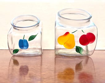 Hand-Painted Gay Fad Fruit Canisters, Bartlett Collins Crystal Fruits Candy Jars | Clear Glass | 7" & 5.5"