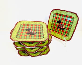 222 Fifth Scotty Dog Dessert Plates - Christmas Plaid Porcelain