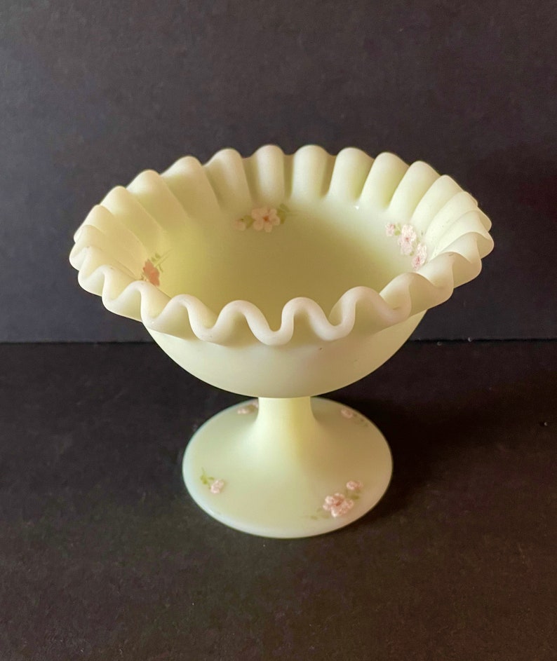Hand Painted Fenton Custard Glass Round Compote Satin Custard Etsy