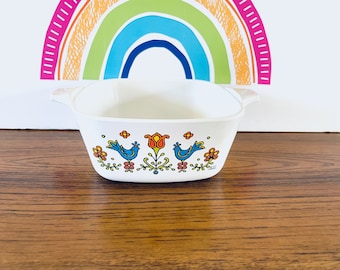 Vintage Corning Ware Country Festival Petite Baking Dish, Corning Country Festival P-43 Casserole, Corning Blue Birds Casserole