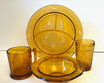 4 Piece Amber Glass Nursery Rhyme Child's Dish Set, Tiara Nursery Rhyme Baby Dishes, Four Piece Mother Goose Child's Dish Set