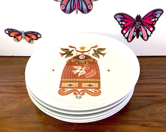 6 Georges Briard Birdcage Plates, Mid Century Georges Briard Dessert Plates, Beautiful LoveBird Plates, Red and Yellow Birds & Cage Plates