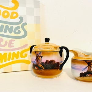 Vintage Windmill Cream and Sugar Set, Lusterware Cream & Sugar, Chikaramachi Japan Creamer and Sugar Bowl, Orange Lustre Cream and Sugar