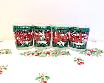 4 Houze Style Holiday Double Old Fashioned Christmas "Credit Union" Stained Glass Rocks Glasses