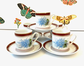 5 Germer Porcelanas Hand Painted Demitasse Cups and Saucers, Germer Espresso Cups With Saucers, Forget-Me-Not Espresso Cups & Saucers