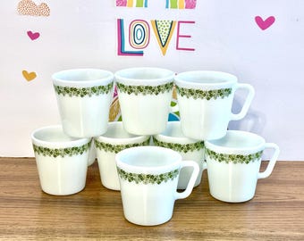 Coffee Cups Set Vintage PYREX Spring Blossom, Retro 70s Style Mugs (Set of 8, Durable Glass, Bright Finish)