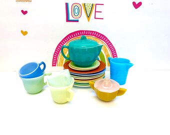 Hazel Atlas Little, 1930s Childrens Set | Moderntone Tea, Turquoise Lid | Akro Agate Creamer, Various Sizes