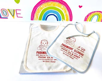 1950s Vintage Baby Bib Set - Paramount Cleaners Ad, Pink And Blue Trim, New Old Stock, 10" X 8