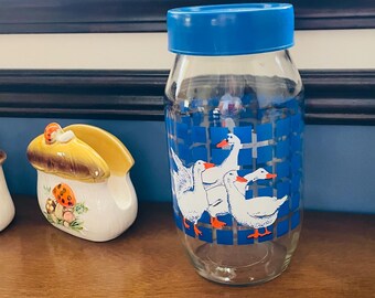 Large Carlton Glass Country Goose Canister, 80s Carlton Blue Goose Canister, Large Blue Checked Duck Storage Jar, 1982 Goose Canister
