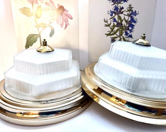 Two Art Deco-Style Frosted Glass and Brass Tiered Skyscraper/Wedding Cake Flush-Mount Ceiling Light Fixtures