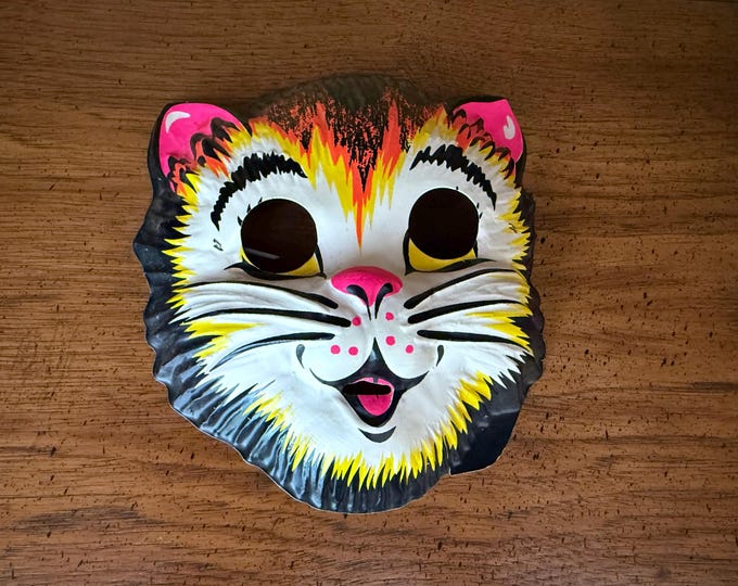 Featured listing image: Rare 1960s Iconic Cat Mask, Scary Kitty Child's Plastic Mask, Gato Día de los Muertos Máscara,  Collectable Kitty Cat Halloween Mask