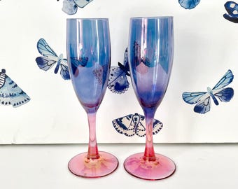 Blue & Pink Iridescent Champagnes, Fluted Champagne Glasses With Blue Bowls and Pink Stems, Opalescent Blue with Pink Stem Champagne Flutes