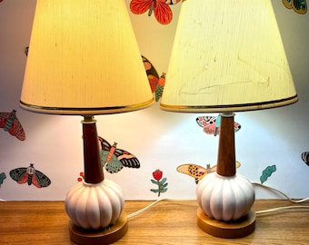 2 Vintage Balloon Base MCM Table Lamps, Danish Modern Walnut and Ceramic Bedside Lamps, Mid Century Modern Pumpkin Wood and Ceramic Lamps