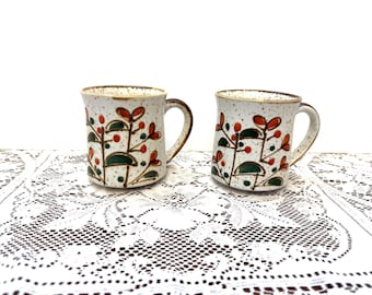 2 Vintage Floral Otagiri Speckled Pottery Mugs, Boho Coffee Cups