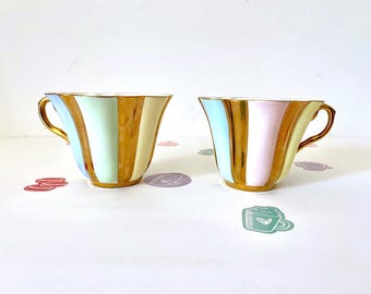 Pair Rare Rosina Fine Bone China Pastel & Gold Teacups, 2 Rosina-Queens Scalloped Tea Cups, Gold Green Blue Yellow and Pink Tea Cups 5136B