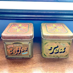 Pair 70s Cheinco Canisters, 2 New Dawn Coffee & Tea Rustic Tin Canisters, Country Kitchen Canisters, Farmhouse Coffee and Tea Canisters