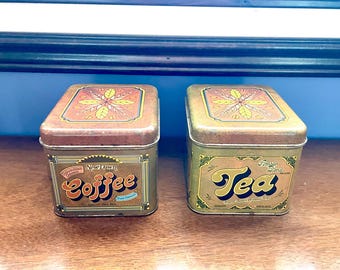 Pair 70s Cheinco Canisters, 2 New Dawn Coffee & Tea Rustic Tin Canisters, Country Kitchen Canisters, Farmhouse Coffee and Tea Canisters