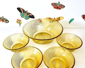 Service à salade ambré : Collection Diana 5 pièces – verrerie vintage Federal Glass, style rétro années 1960, verrerie de la Grande Dépression résistante