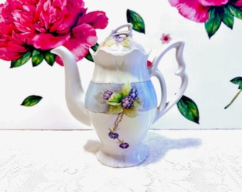 Vintage Hand-Painted Boysenberry Coffee Pot: Porcelain Butterfly Handle, Signed D.Hammond