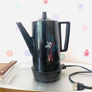 1980&#39;s West Bend 8 Cup Percolator, Black Floral Coffee Pot, West Bend Automatic Coffee Percolator, West Bend Black Stylized Coffee Maker