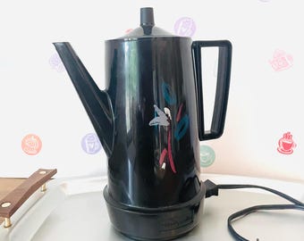 1980's West Bend 8 Cup Percolator, Black Floral Coffee Pot, West Bend Automatic Coffee Percolator, West Bend Black Stylized Coffee Maker