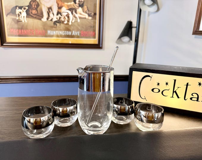 Featured listing image: Cocktail Set: Vintage Dorothy Thorpe Silver Band - Pitcher and Glasses