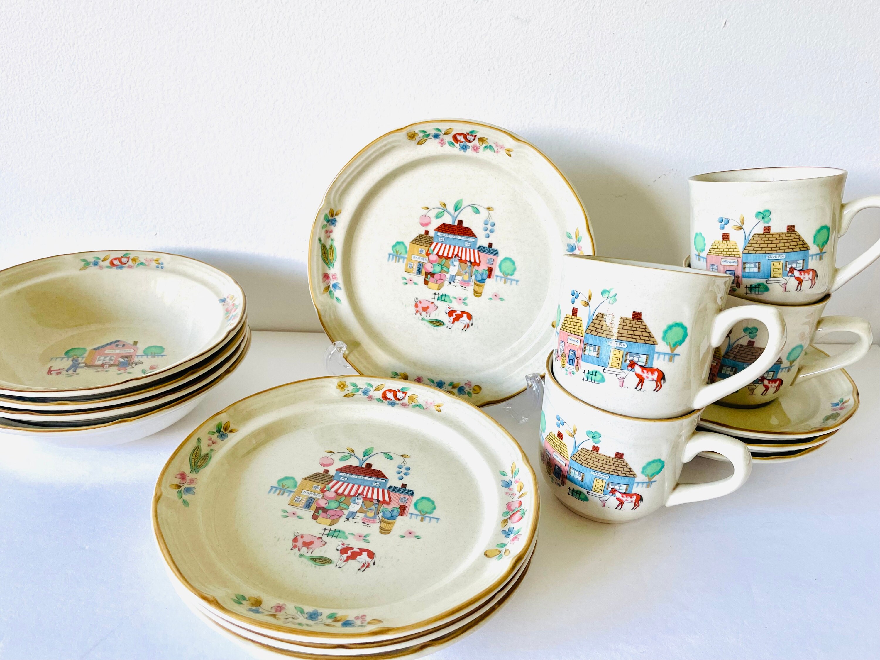 15 Piece International China Heartland Village Breakfast Set Farmhouse Cups Saucers Plates and Bowls Heartland Village Dessert Set