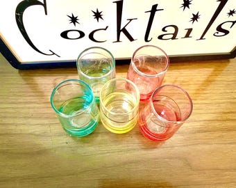 5 Rainbow Multicolor Gold Trim Mid Century Aperitif/Shot Glasses
