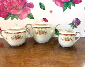 Vintage Diamond Roslyn Tea Set, 1940s Floral Teapot Creamer and Sugar Bowl