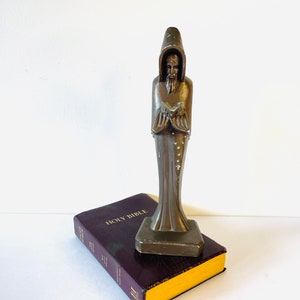 Vintage Ceramic Medieval Catholic Monk Figurine, Brown Ceramic Monk With Rosary and Bible