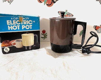 New Old In Box 4 Cup World Hot Pot, Vintage Brown Hot Pot, Electric Warmer/Server, Small 4 Cup Brown Enameled Electric Kettle