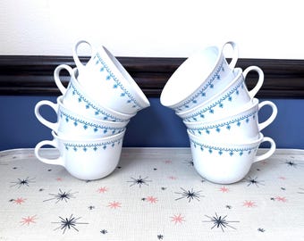 8 Corelle Snowflake Blue Cups, Corningware Snowflake Blue Coffee Mugs, 8 Corning Livingware Snowflake Garland Tea Cups