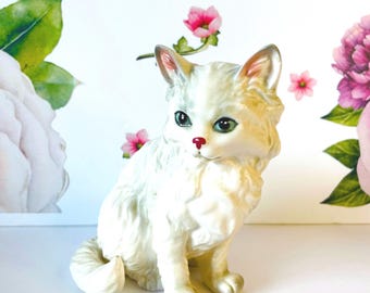 Lefton White Cat Figurine, Small Blue Eyed Persian Cat Figurine, Lefton H1514 Cat Figurine