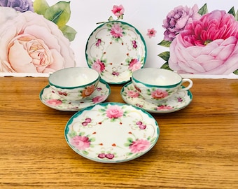 2 Hand Painted Rose Eggshell Porcelain Cups and 4 Saucers, Antique Cabbage Rose Cups and Saucers,Edwardian Eggshell Porcelain Cups & Saucers