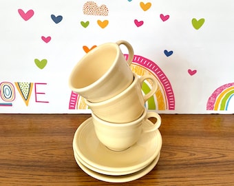 3 Homer Laughlin Fiesta Ivory Cups and Saucers, Newer Ivory Fiesta Cups and Saucers, Ivory Fiesta Mugs, Three Fiesta Ivory Cups & Saucers