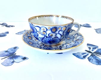 Lomonosov Winding Twig Cup and Saucer, Made In USSR Floral Cobalt Cup & Saucer Set, Russian Gilded Cobalt Blue Porcelain Cup and Saucer