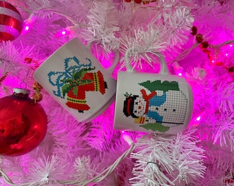 2 Vintage Stacking Christmas Mugs, Cross Stitch Snowman& Bells Holiday Coffee Cups Made In Japan