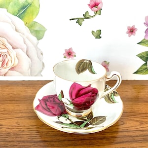 Royal Standard English Rose Cup and Saucer, Scalloped English Rose Footed Cup & Saucer, Mid Century Rose Gilded Tea Cup Saucer