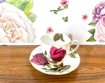 Royal Standard English Rose Cup and Saucer, Scalloped English Rose Footed Cup & Saucer, Mid Century Rose Gilded Tea Cup Saucer