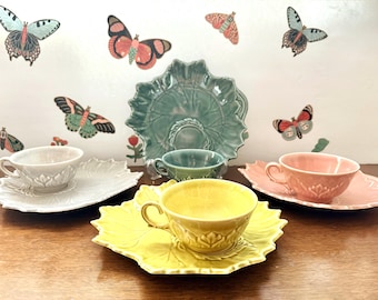 Leaf Plates And Cups, Mid Century Tea Sets, American China, 9" & 4" - Seafoam, Dove Gray, Golden Fawn, Coral