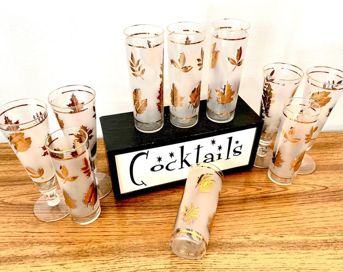 Featured listing image: 10 Libbey Golden Foliage Glasses, Libbey Gold Leaf Tom Collins, Libbey Gold Leaf Pilsners Cooler, Vintage Libbey Golden Foliage Barware