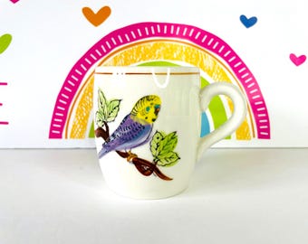 Vintage Hand Painted Budgerigar Mug, Hand Painted Parakeet Coffee Cup, 1940s Ceramic Budgie Coffee Mug